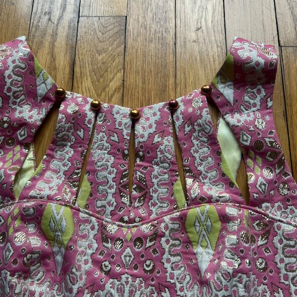 Milly Sz 4 Pink Gold Metallic Brocade Embroidered Sleeveless Cutout Sheath Dress - Picture 10 of 15